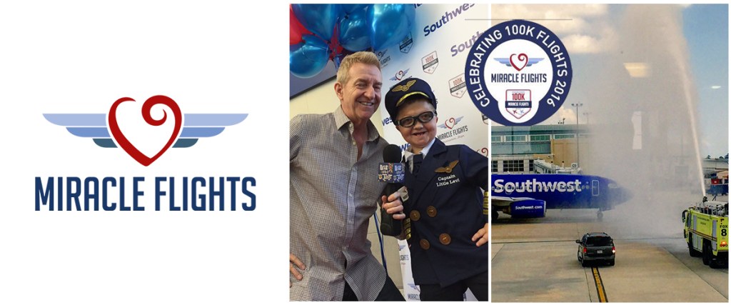 Dr. Khorsandi with a young Miracle Flights patient, alongside the Miracle Flights logo and a charity flight