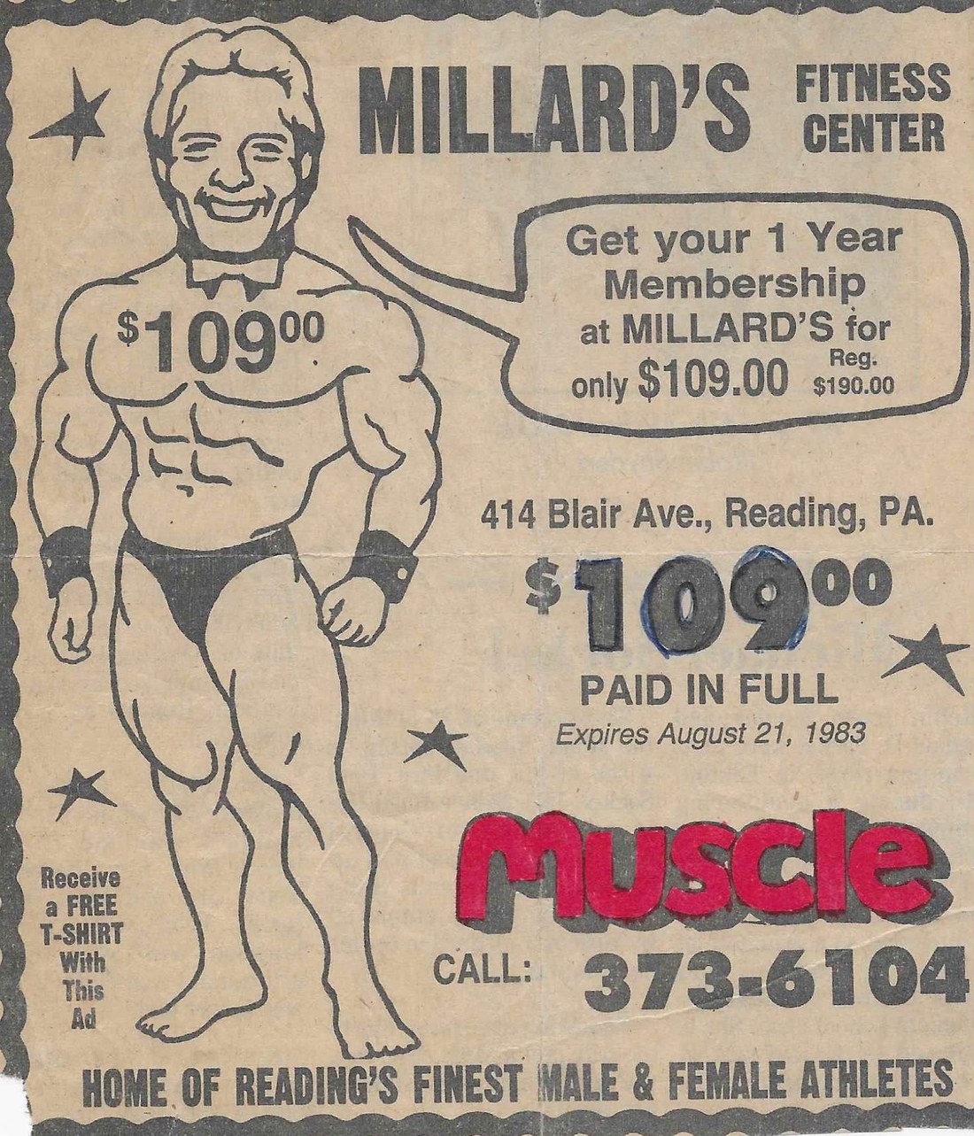 Newspaper ad for Millard's Fitness Center, Reading PA, 1983