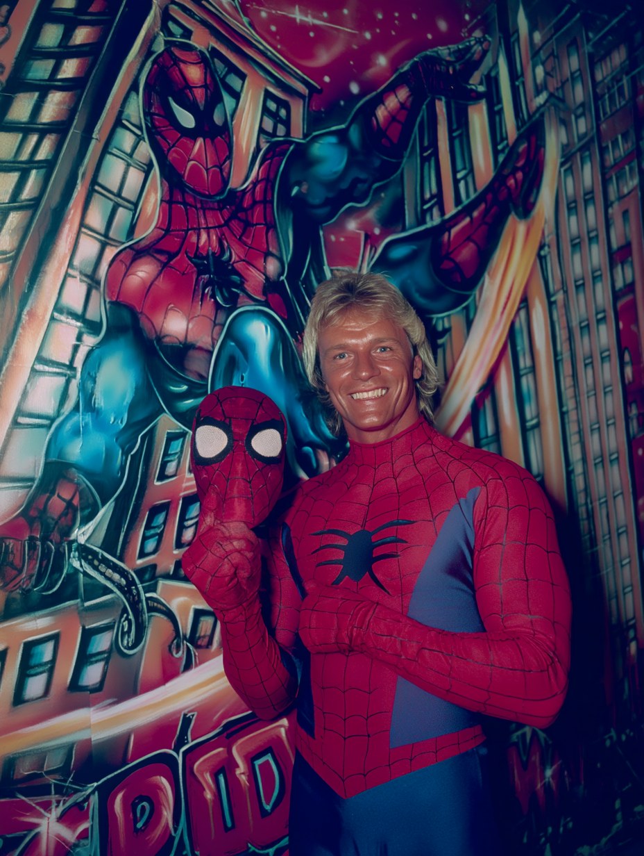 Lee Millard in Spider-Man costume, Musclegram delivery
