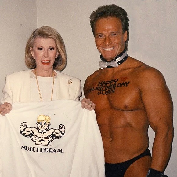 Lee Millard backstage with Joan Rivers, Valentine's Day Musclegram delivery, c. 1990