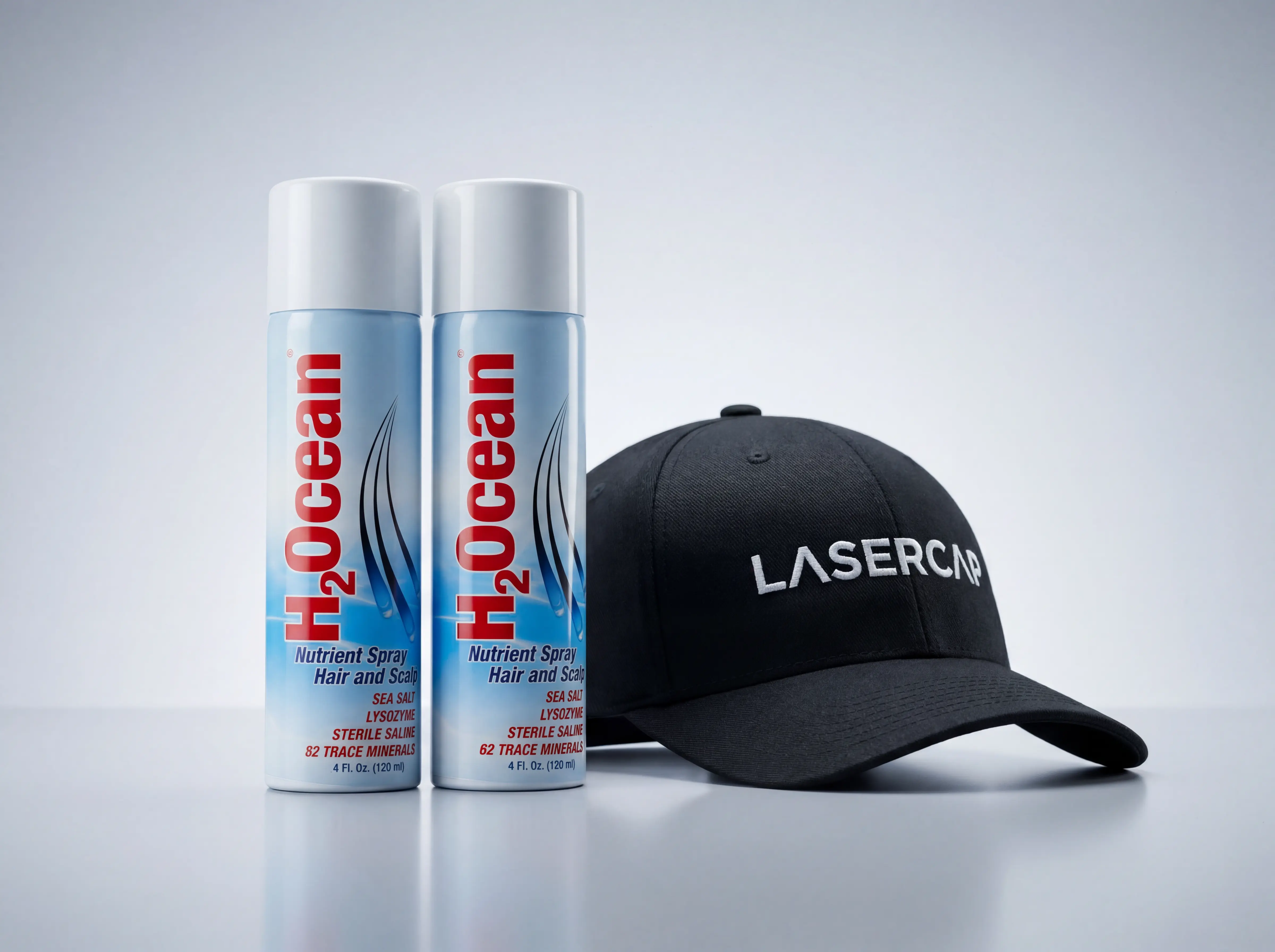 Shop hero — LaserCap + H2Ocean styled together (clean product lifestyle)